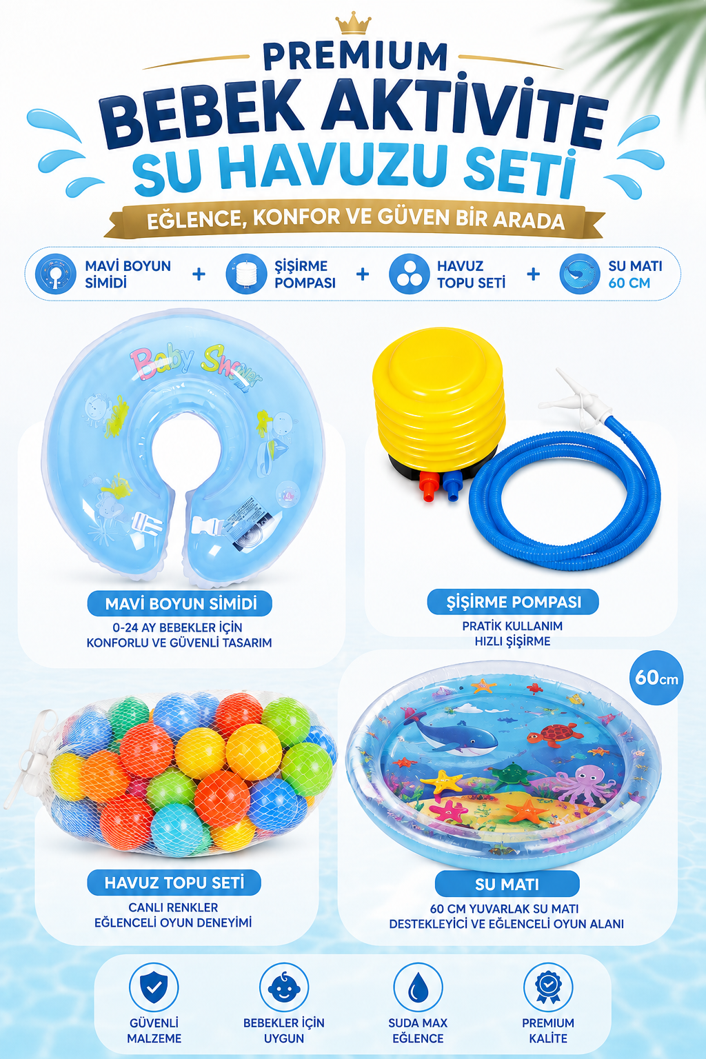 Premium Bebek Aktivite Su Havuzu Seti – 60 cm Su Matı, Boyun Simidi, Pompa ve Havuz Topları